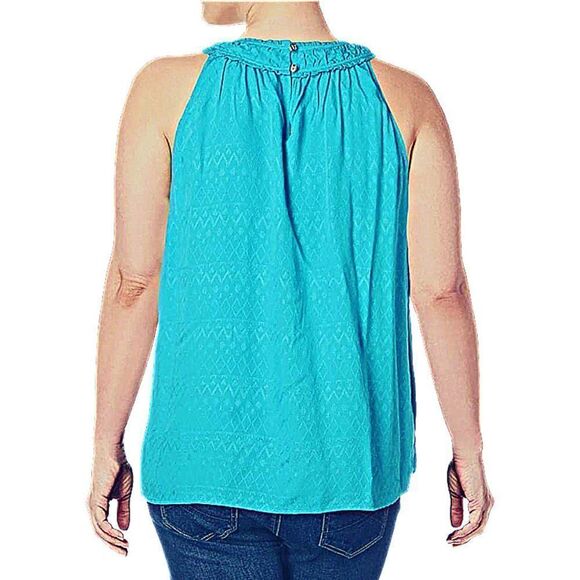 CeCe Top Sleeveless Tank Ruffled Round Neckline Keyhole Closure Blue Size Lg - Picture 2 of 8